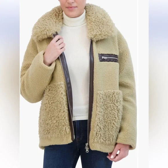 NWT HUDSON JEANS faux leather & faux shearling zip up jacket natural color small - Picture 4 of 6